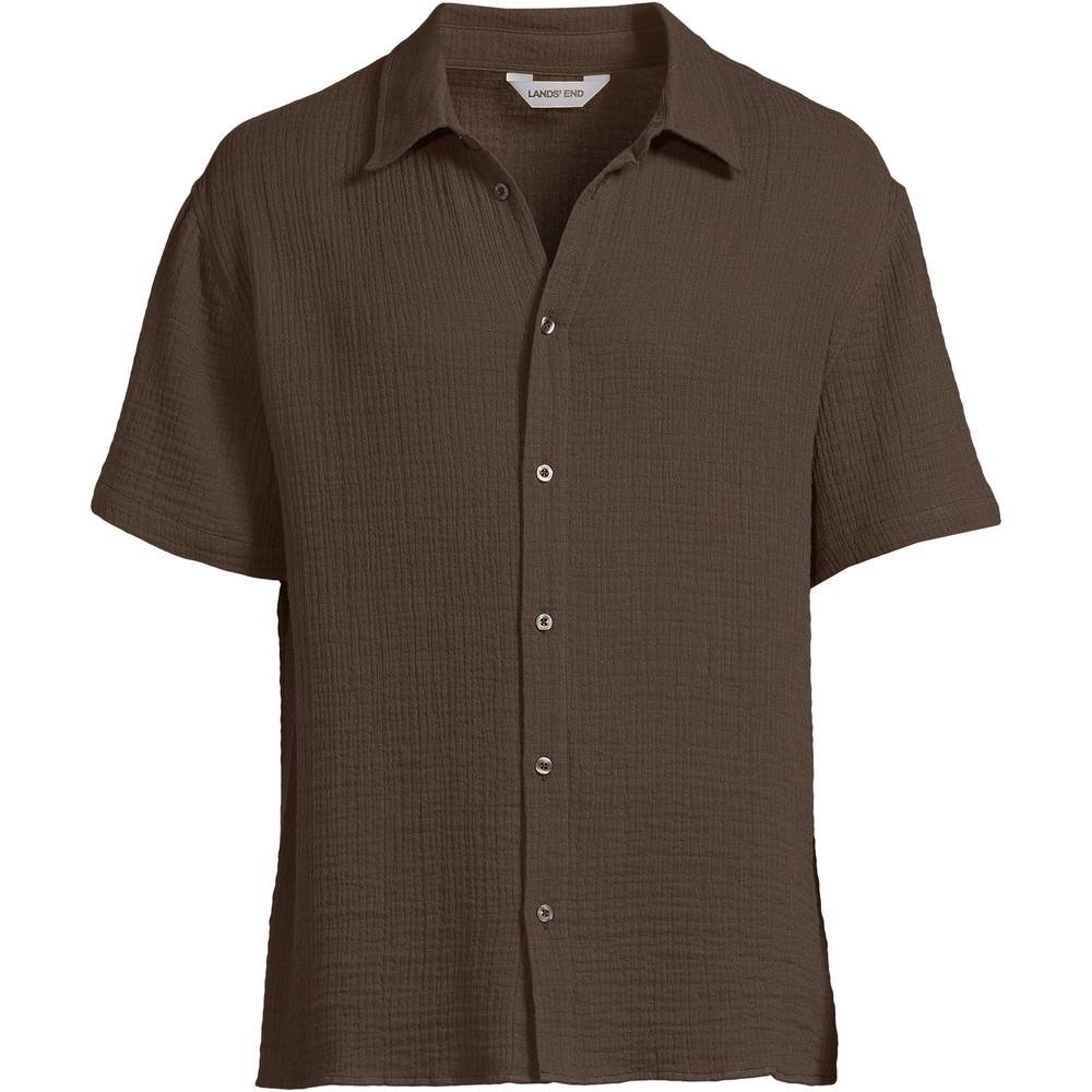lands end Lands' End Men's Short Sleeve Double Cloth Shirt in Dark Brown - 1