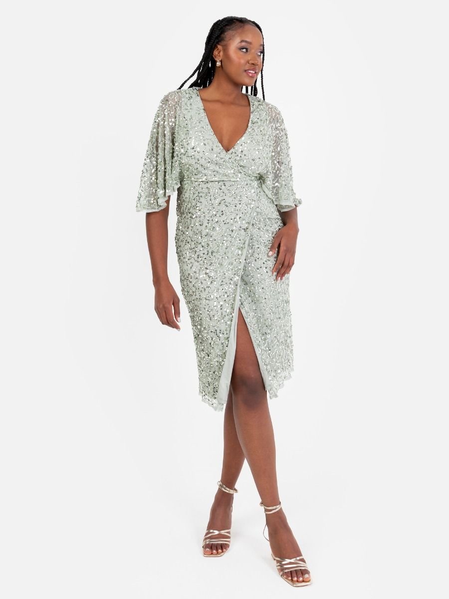 Maya Deluxe Maya Deluxe Women's Fully Embellished Faux Wrap Midi Dress in Mint - 2