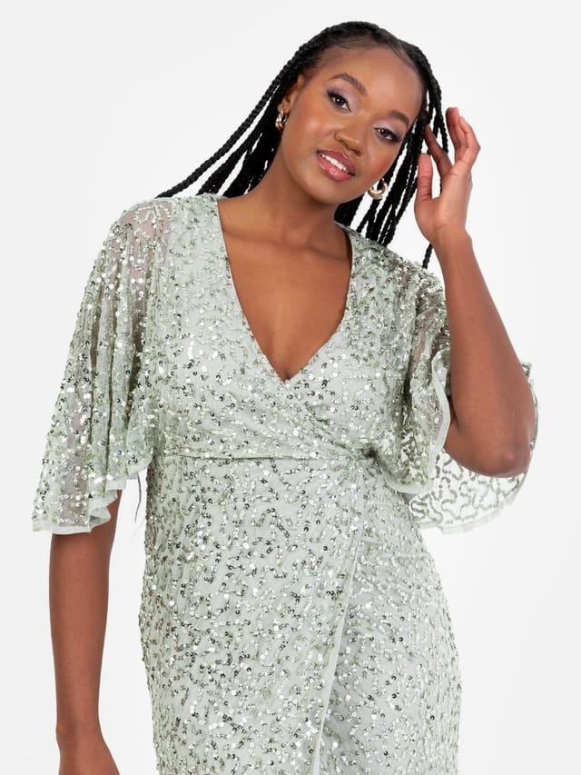 Maya Deluxe Maya Deluxe Women's Fully Embellished Faux Wrap Midi Dress in Mint - 2