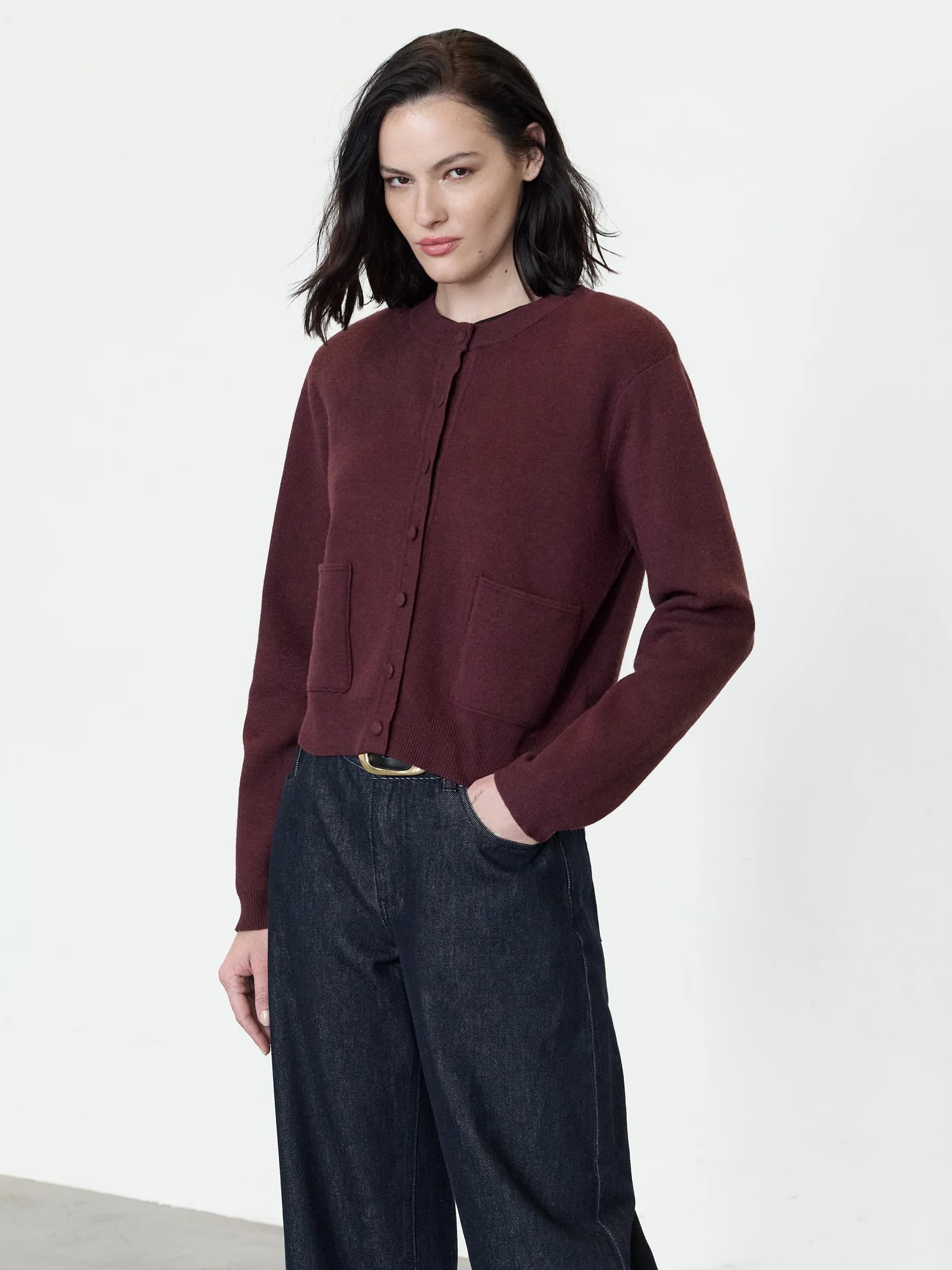 French Connection Riri Burgundy Knit Button Through Cardigan Cherry Liqueur