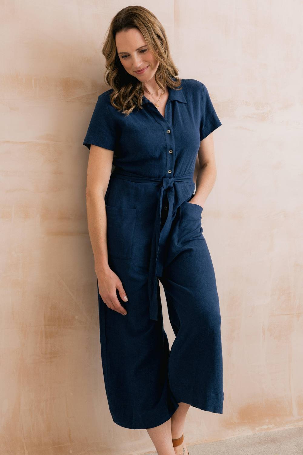 Lily & Me Lily & Me Women's Josie Linen Blend Cropped Jumpsuit in Navy - 4
