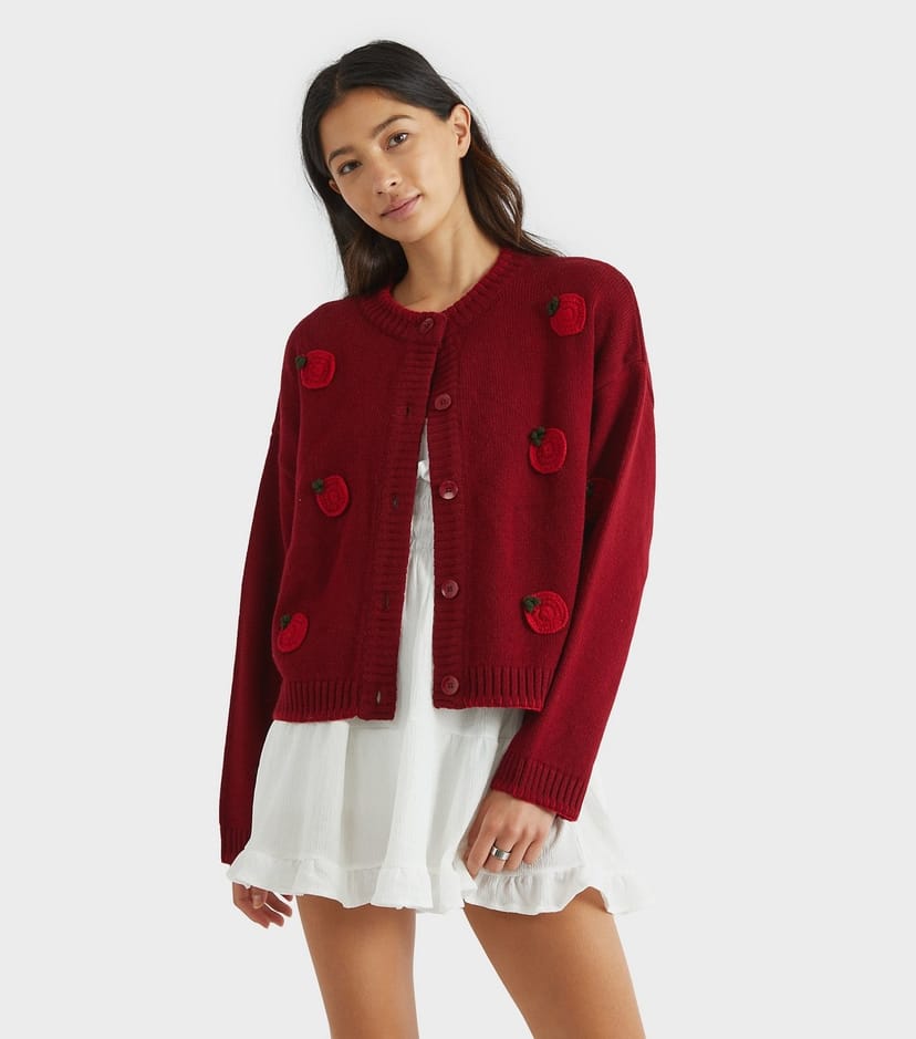 Skinnydip Women's Dark Burgundy Tomato Appliqué Cardigan Skinnydip New Look - 1
