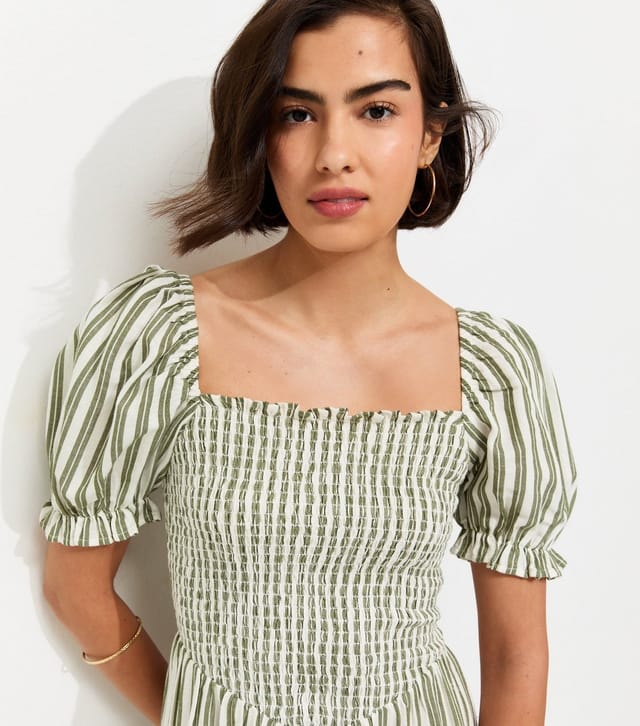 New Look Women's Green Striped Shirred Puff Sleeve Midi Dress New Look - 2