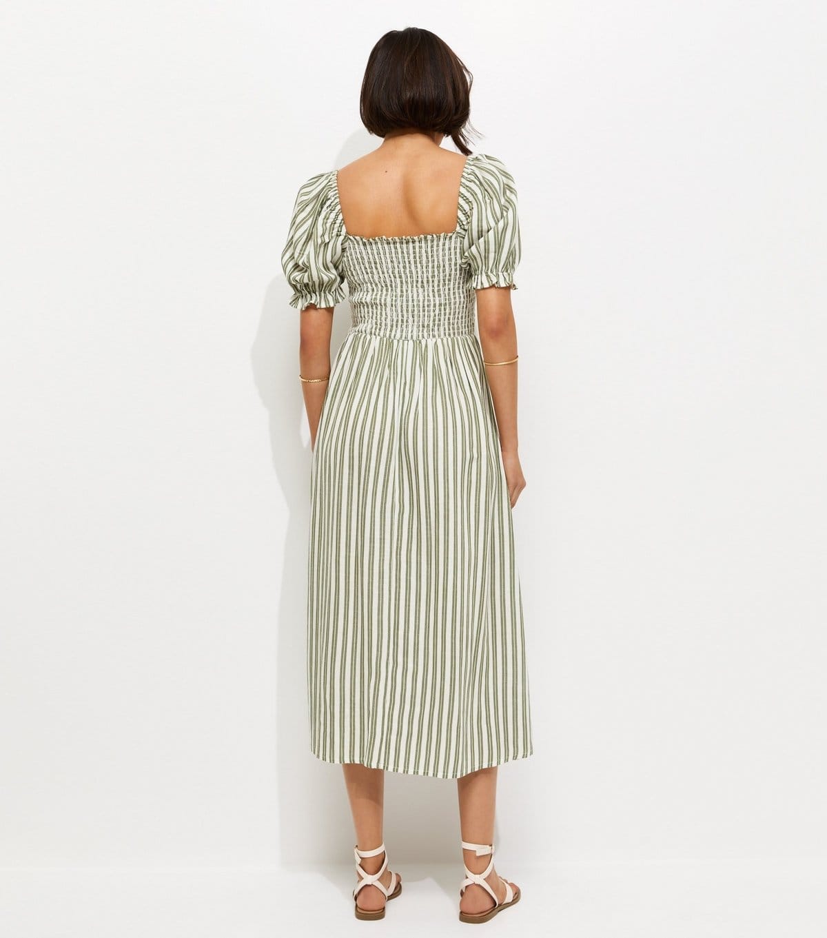 New Look Women's Green Striped Shirred Puff Sleeve Midi Dress New Look - 4