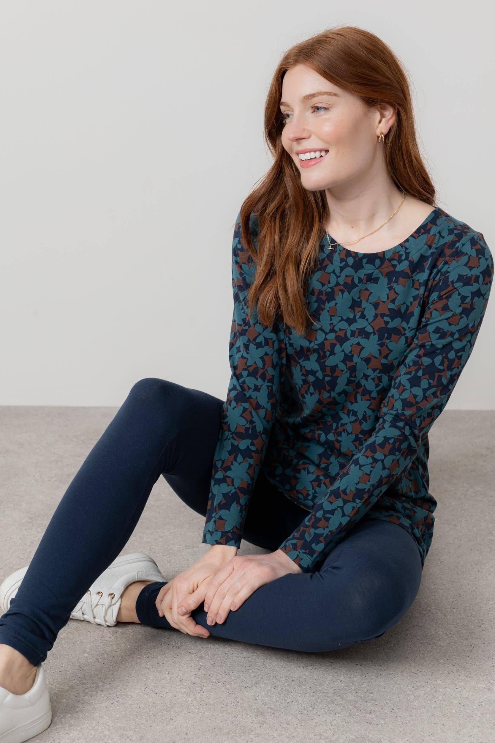 Lily & Me Lily & Me Women's High Tea Printed Cotton Jersey Long Sleeve Tunic with Curved Hem in Navy