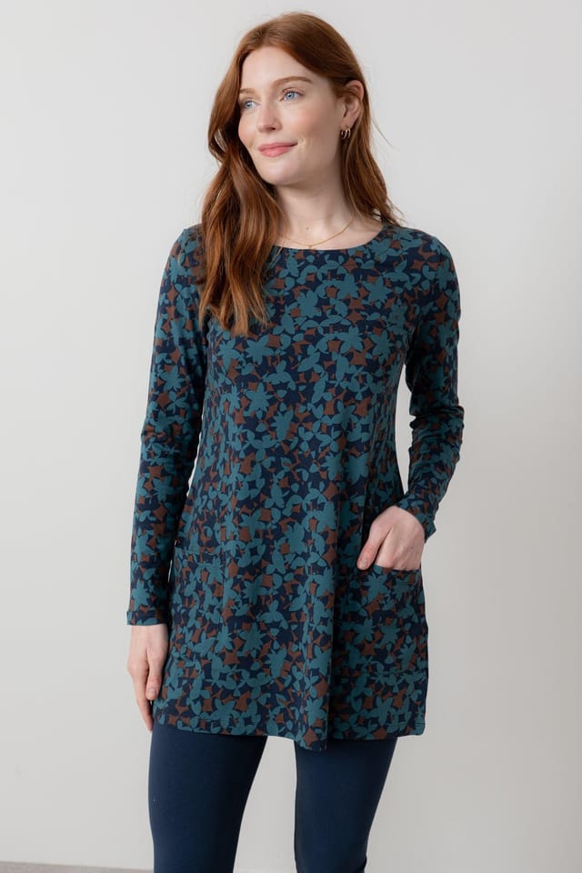 Lily & Me Lily & Me Women's High Tea Printed Cotton Jersey Long Sleeve Tunic with Curved Hem in Navy - 2