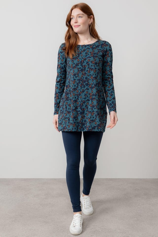 Lily & Me Lily & Me Women's High Tea Printed Cotton Jersey Long Sleeve Tunic with Curved Hem in Navy - 3