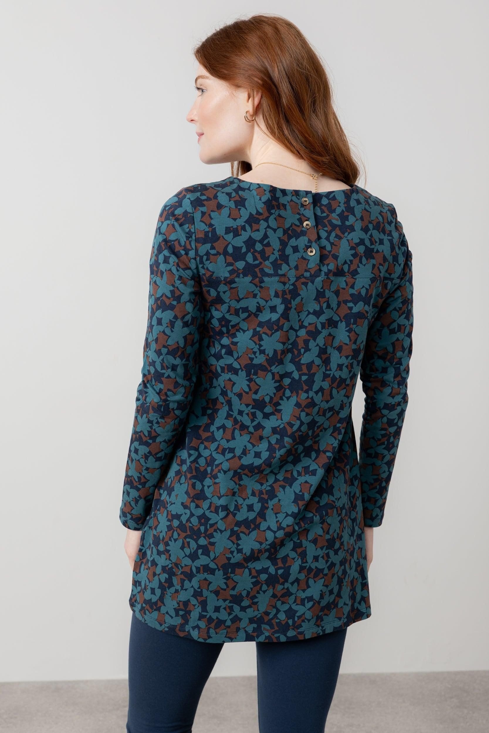 Lily & Me Lily & Me Women's High Tea Printed Cotton Jersey Long Sleeve Tunic with Curved Hem in Navy - 4