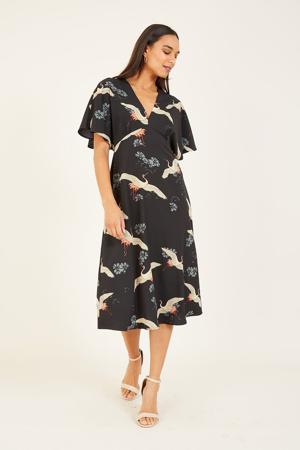 Yumi Yumi Women's Black Crane Print Midi Dress