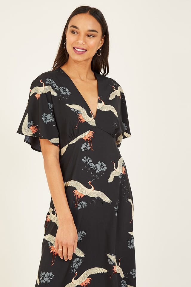 Yumi Yumi Women's Black Crane Print Midi Dress - 2