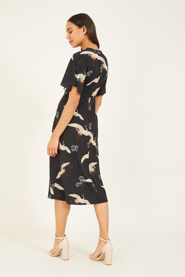 Yumi Yumi Women's Black Crane Print Midi Dress - 3