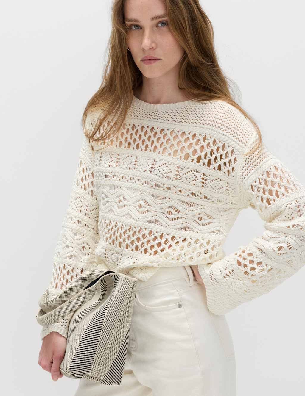Marks & Spencer M&S Cotton Blend Textured Cropped Jumper Light Cream - 1