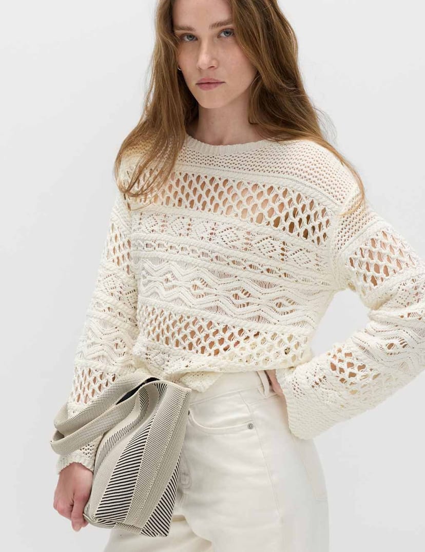 Marks & Spencer M&S Cotton Blend Textured Cropped Jumper Light Cream - 1