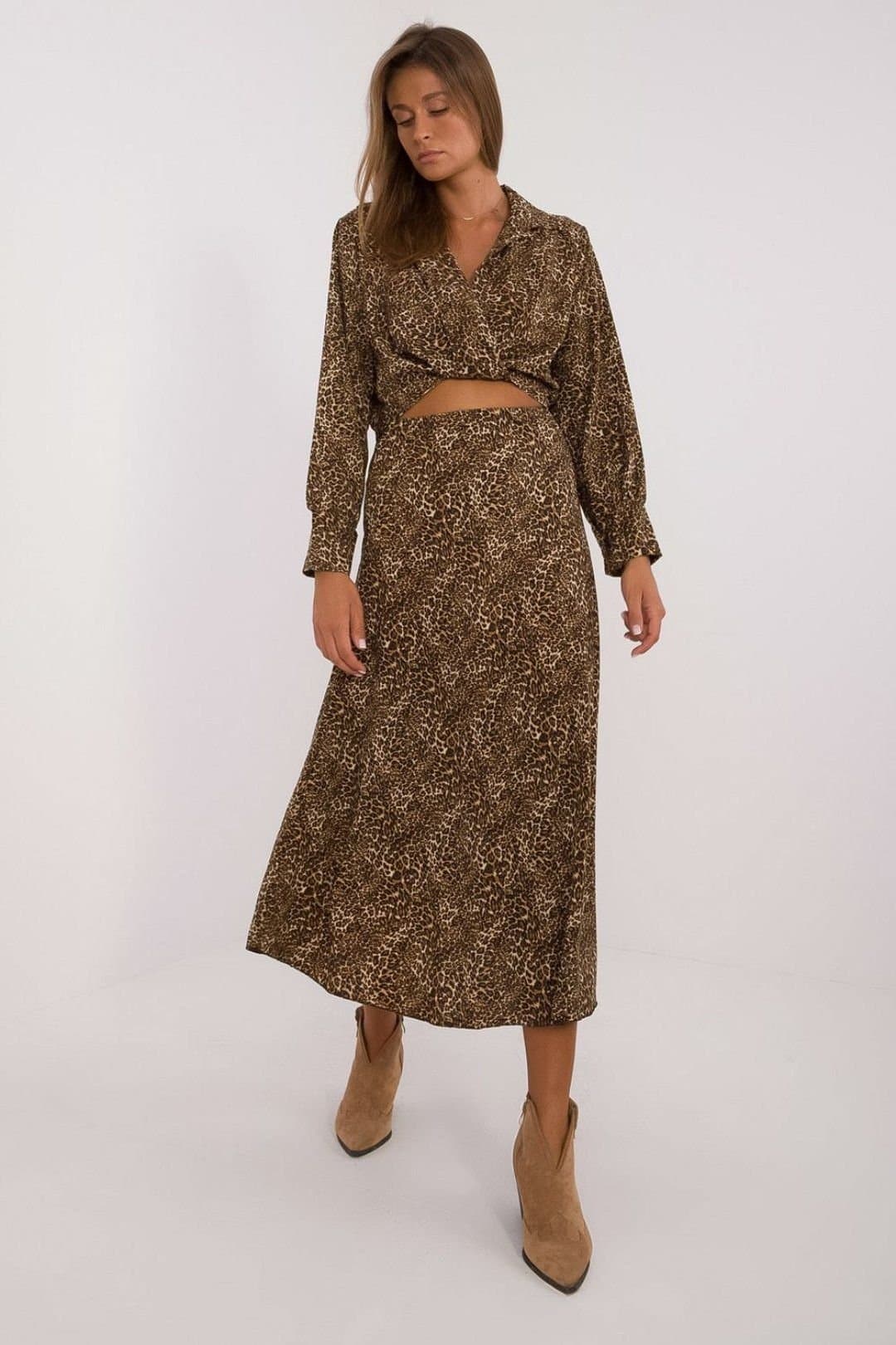 Love Lace Love Lace Women's Animal Motif Blouse & Skirt Set in Brown