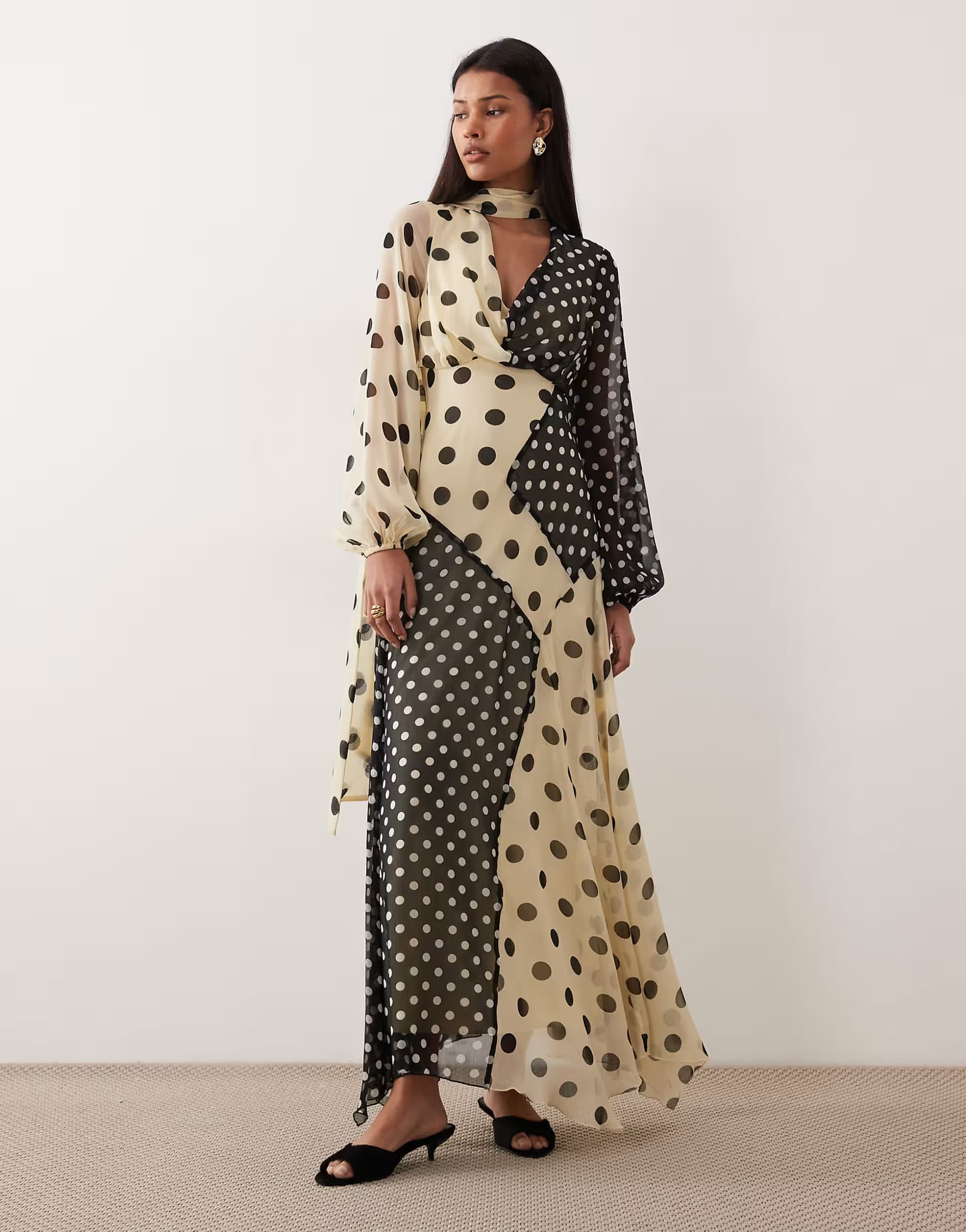 ASOS ASOS DESIGN cowl neck maxi dress with scarf detail in multi spot print