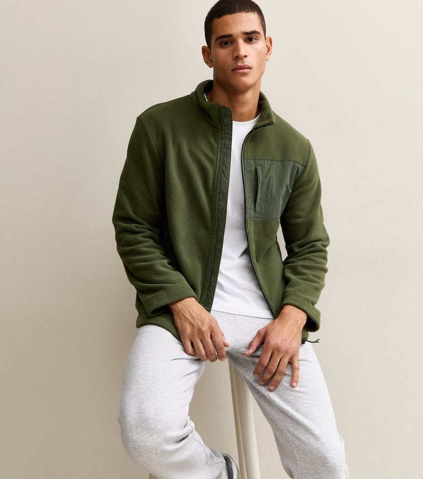 New Look Men's Dark Green Relaxed Fleece Tech Jacket New Look - 1