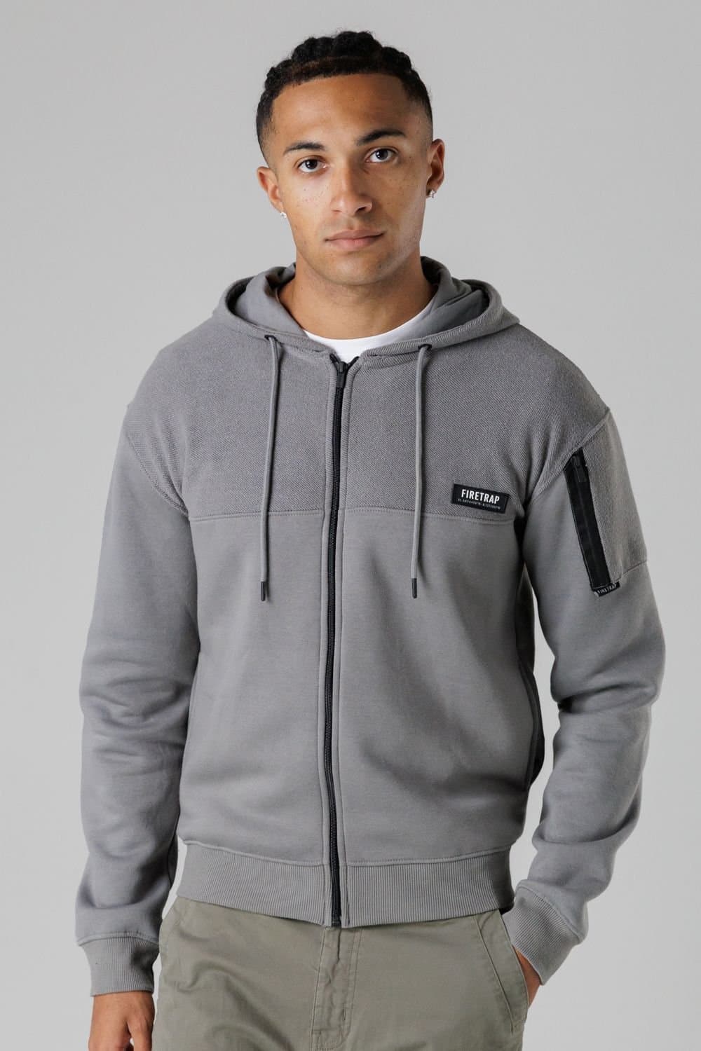 Firetrap Firetrap Men's Regular Fit Cotton Rich Zip Through Hoody with Sleeve Pocket in Dark Grey