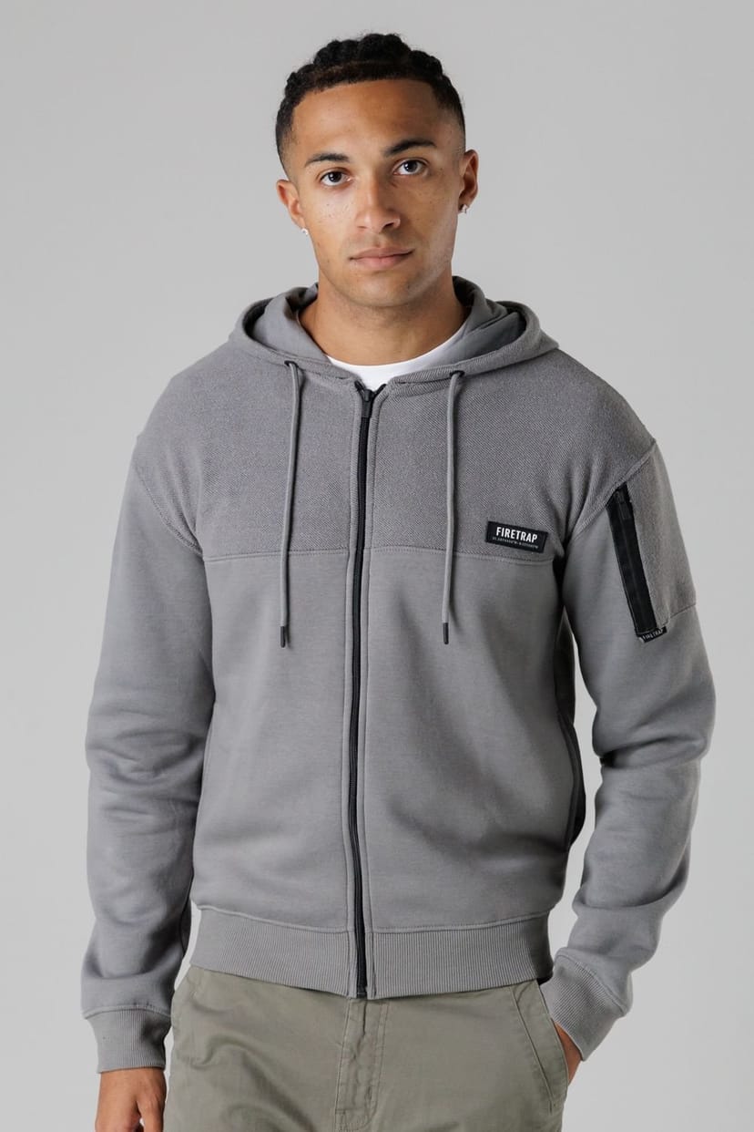 Firetrap Firetrap Men's Regular Fit Cotton Rich Zip Through Hoody with Sleeve Pocket in Dark Grey - 1