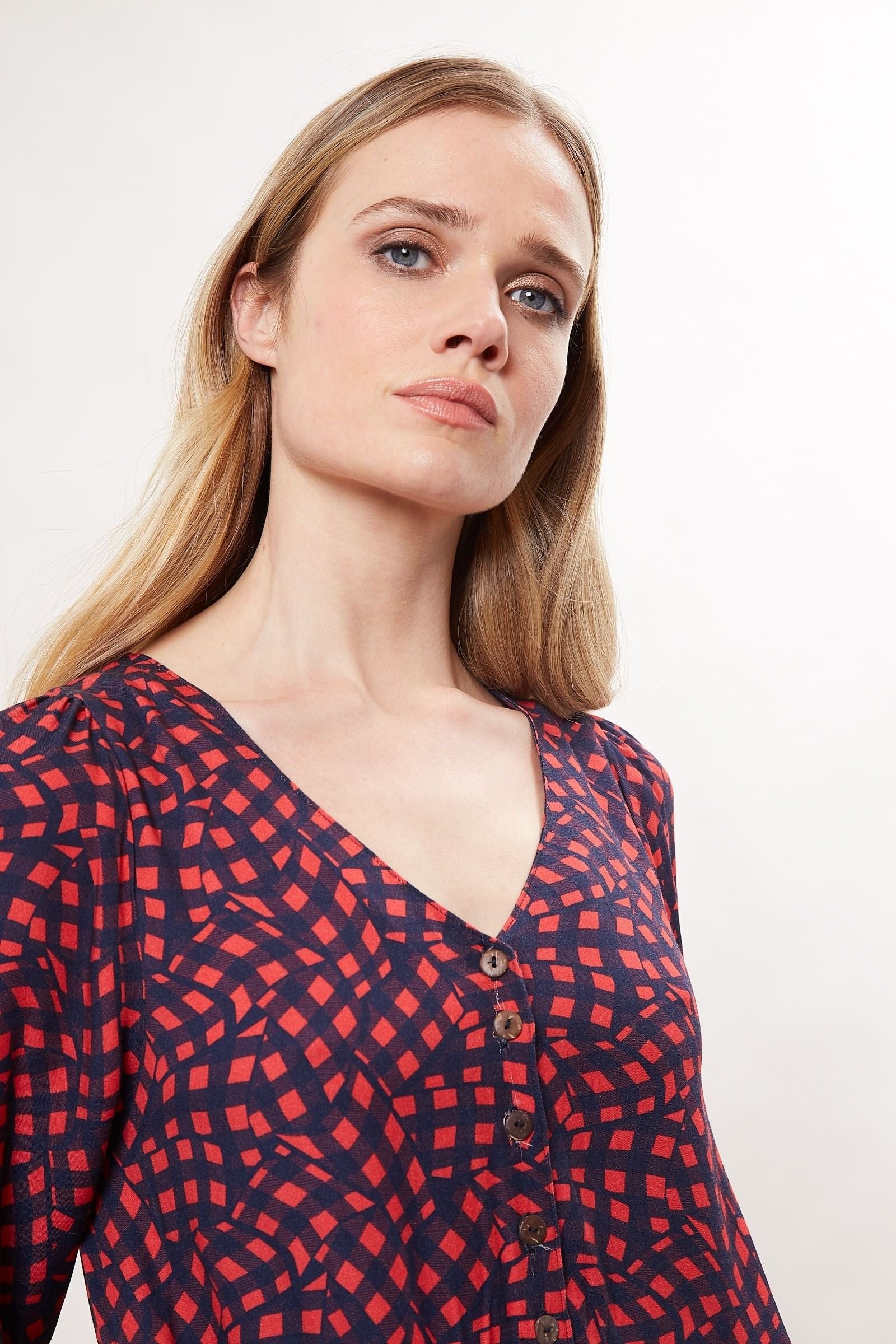 Louche Louche Women's Rheane Gingham Twist Print Long Sleeve V Neck Midi Dress in Blue - 3