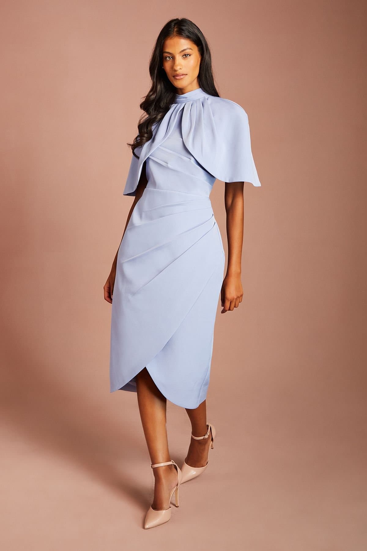 Coast Coast Women's Petite Cape Sleeve Wrap Skirt Midi Dress in Dusty Blue