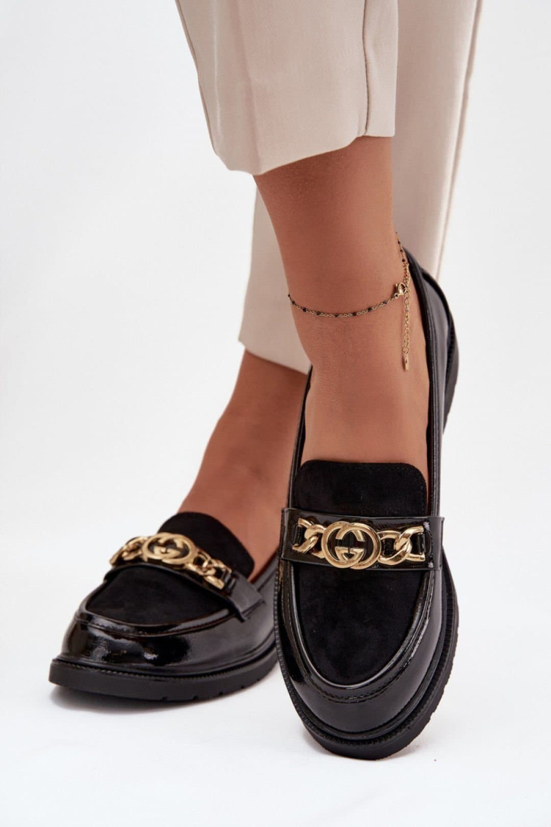 Love Lace Love Lace Women's Moccasin Loafers with Gold Strap Ornament Suede in Black