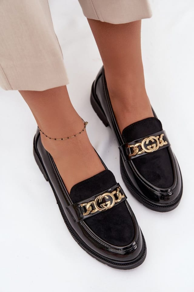 Love Lace Love Lace Women's Moccasin Loafers with Gold Strap Ornament Suede in Black - 3