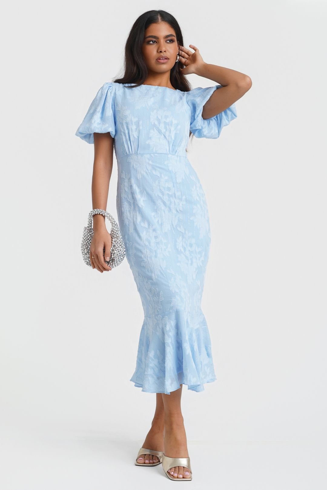 Needs No Label Needs No Label Women's Blue Jacquard Shimmer Puff Sleeve Midi Dress - 2