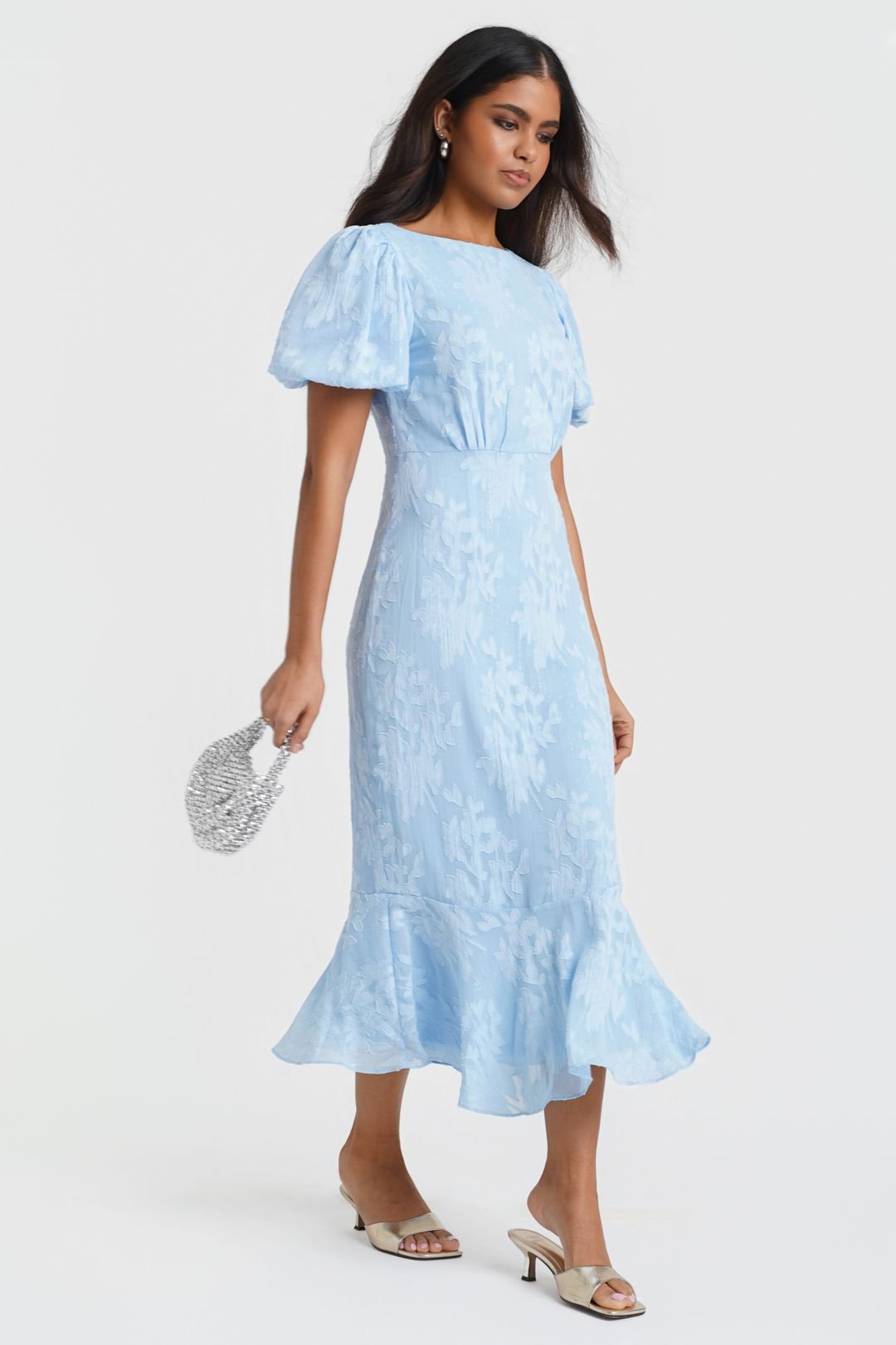 Needs No Label Needs No Label Women's Blue Jacquard Shimmer Puff Sleeve Midi Dress - 4