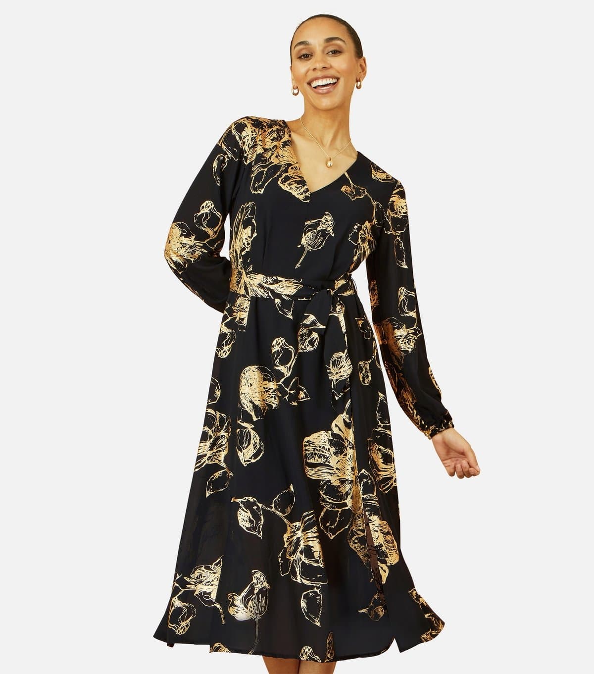 Yumi Women's Black Foil Long Sleeve Midi Dress Yumi New Look