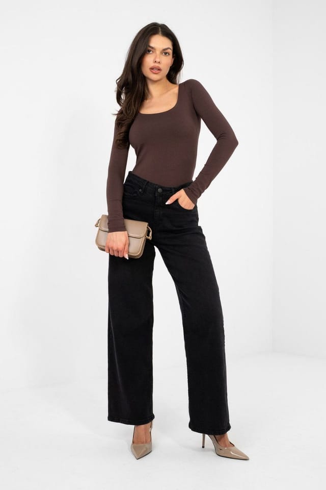 Love Lace Love Lace Women's Classic Fitted Square Neck Long Sleeve Blouse in Brown - 2