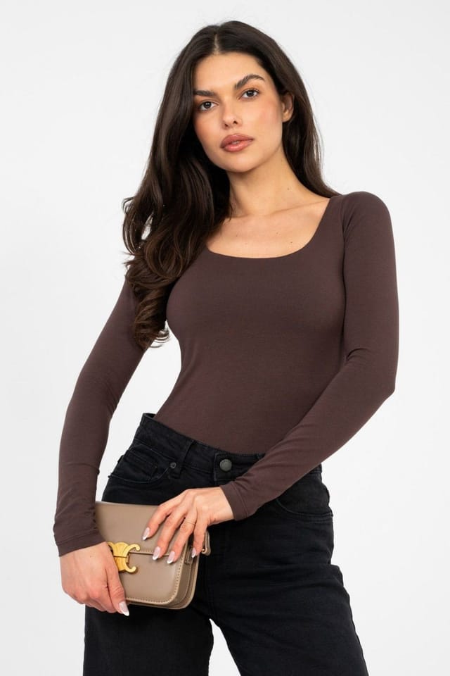 Love Lace Love Lace Women's Classic Fitted Square Neck Long Sleeve Blouse in Brown - 3