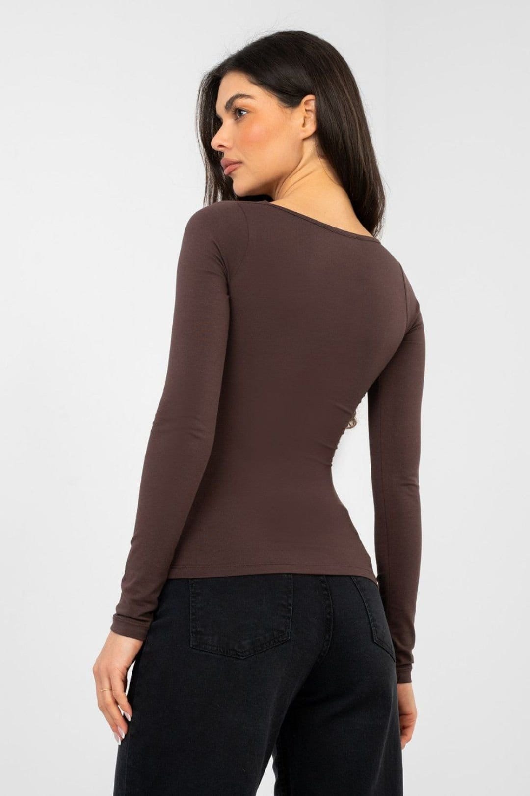 Love Lace Love Lace Women's Classic Fitted Square Neck Long Sleeve Blouse in Brown - 4