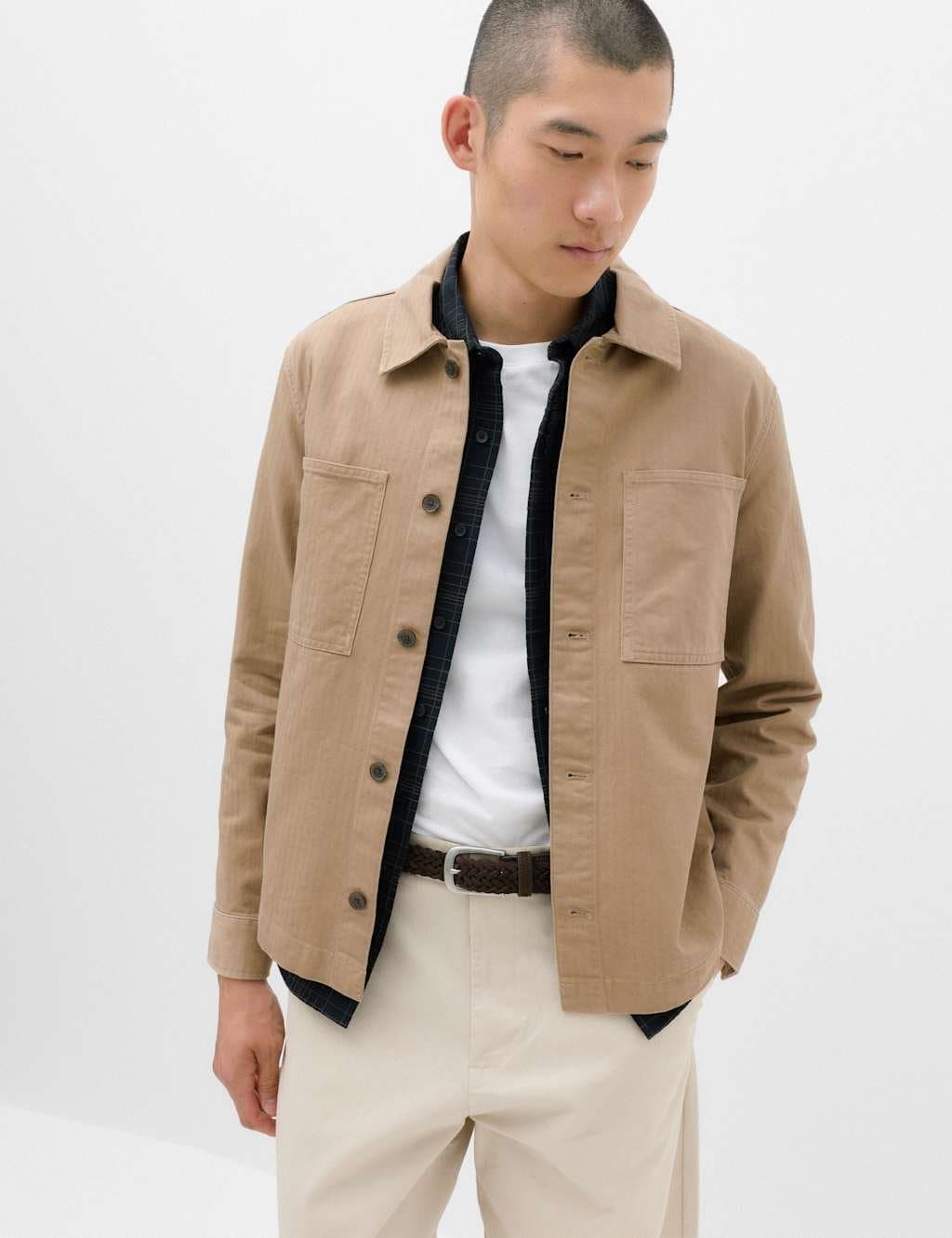 Marks & Spencer M&S Pure Cotton Herringbone Overshirt​ Natural