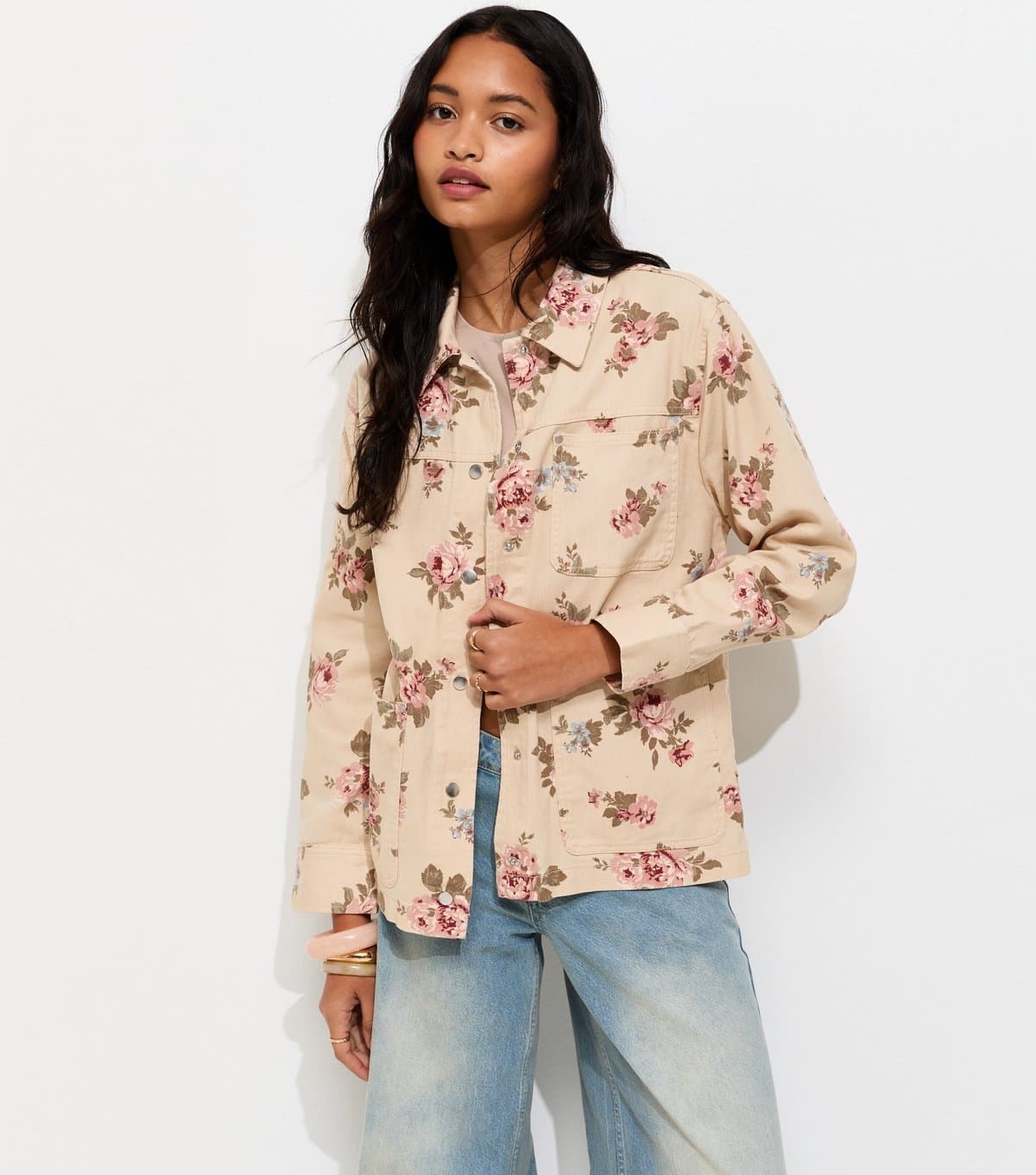 New Look Women's Cream Cotton Floral Longline Shacket New Look