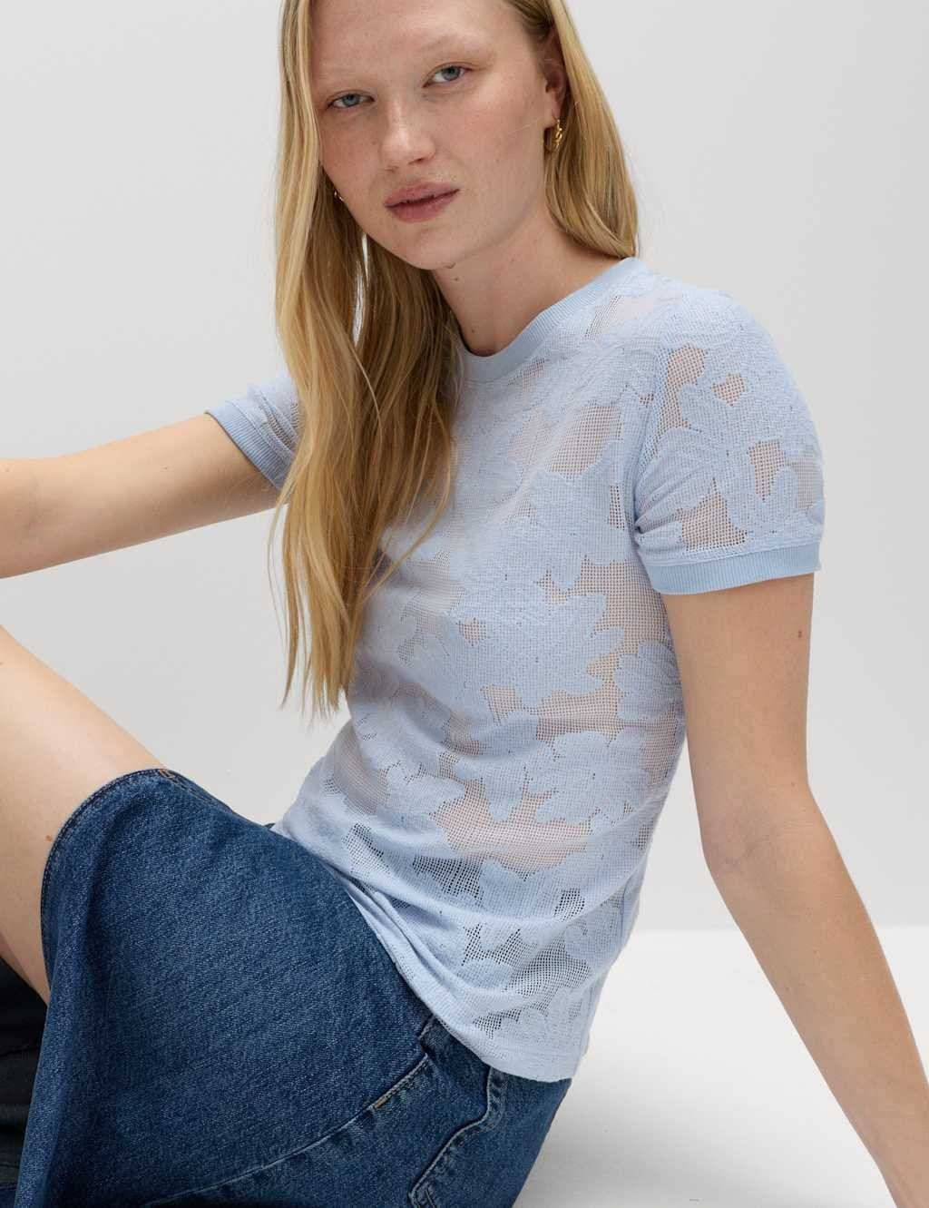 Marks & Spencer M&S Cotton Blend Floral Lace Top Blue