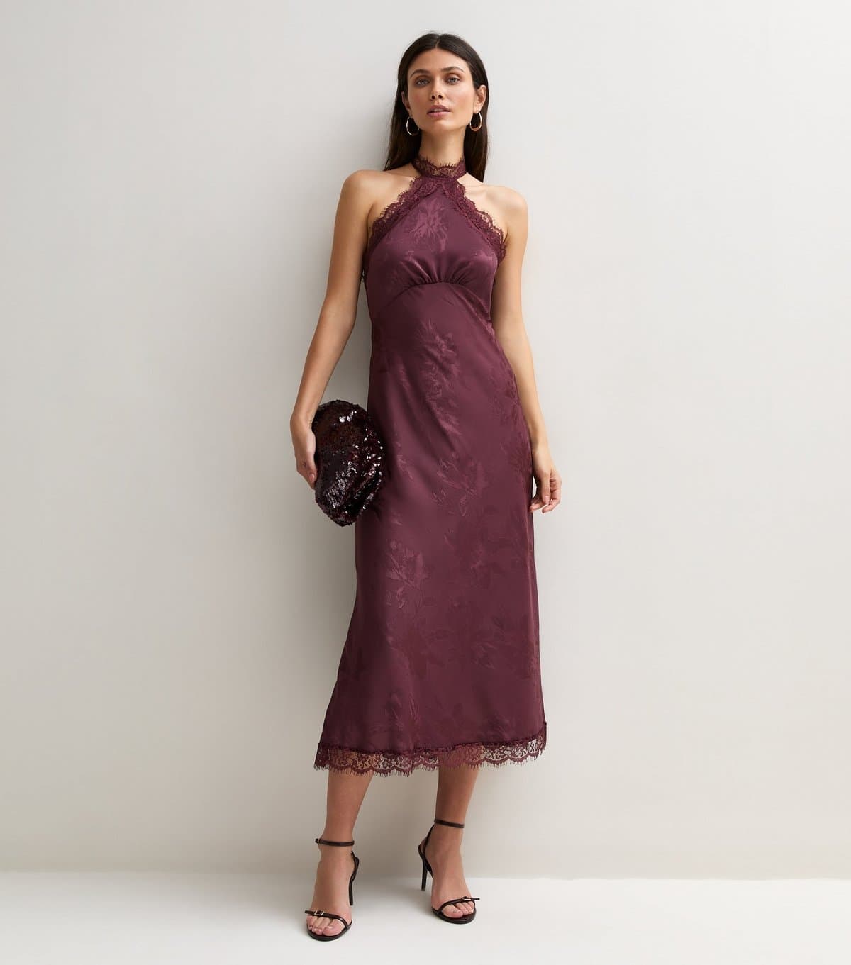 New Look Women's Dark Burgundy Floral Satin Lace Trim Halterneck Midi Dress New Look