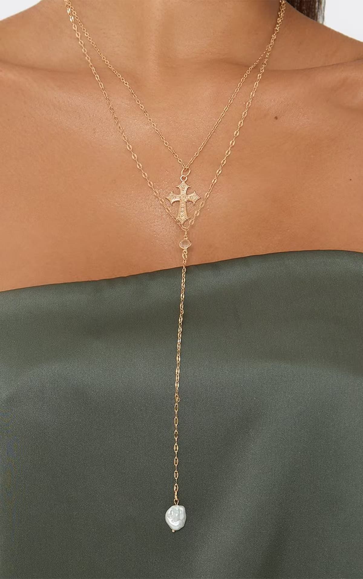 EGO Cross Pendant Drop Gem Detail Layered Thin Chain Necklace In Gold., Women's Size UK 0