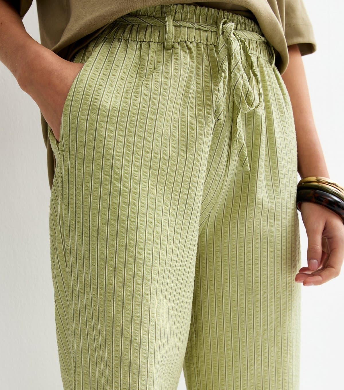 New Look Women's Green Striped Seersucker Wide Leg Trousers New Look