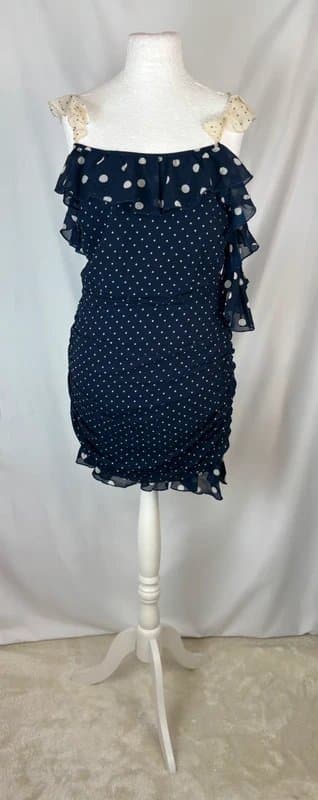 ASOS Design UK 12 ASOS Navy Polka Dot Ruched Mini Dress Ruffle Cold Shoulder Party Date Night Dress