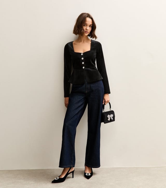 New Look Women's Black Velvet Gem Button Long Sleeve Top New Look - 2