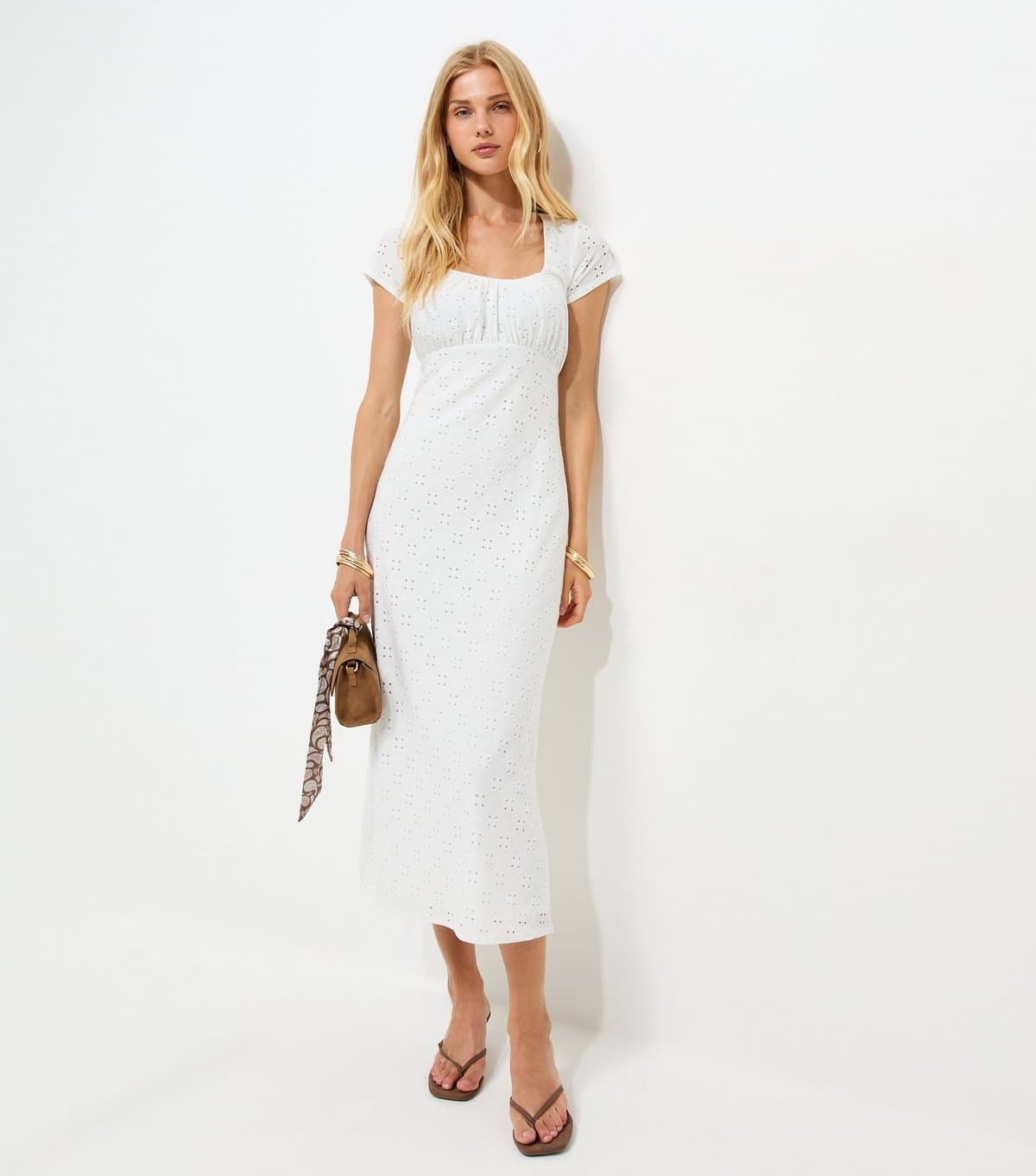 New Look Women's White Broderie Anglaise Jersey Milkmaid Midi Dress New Look