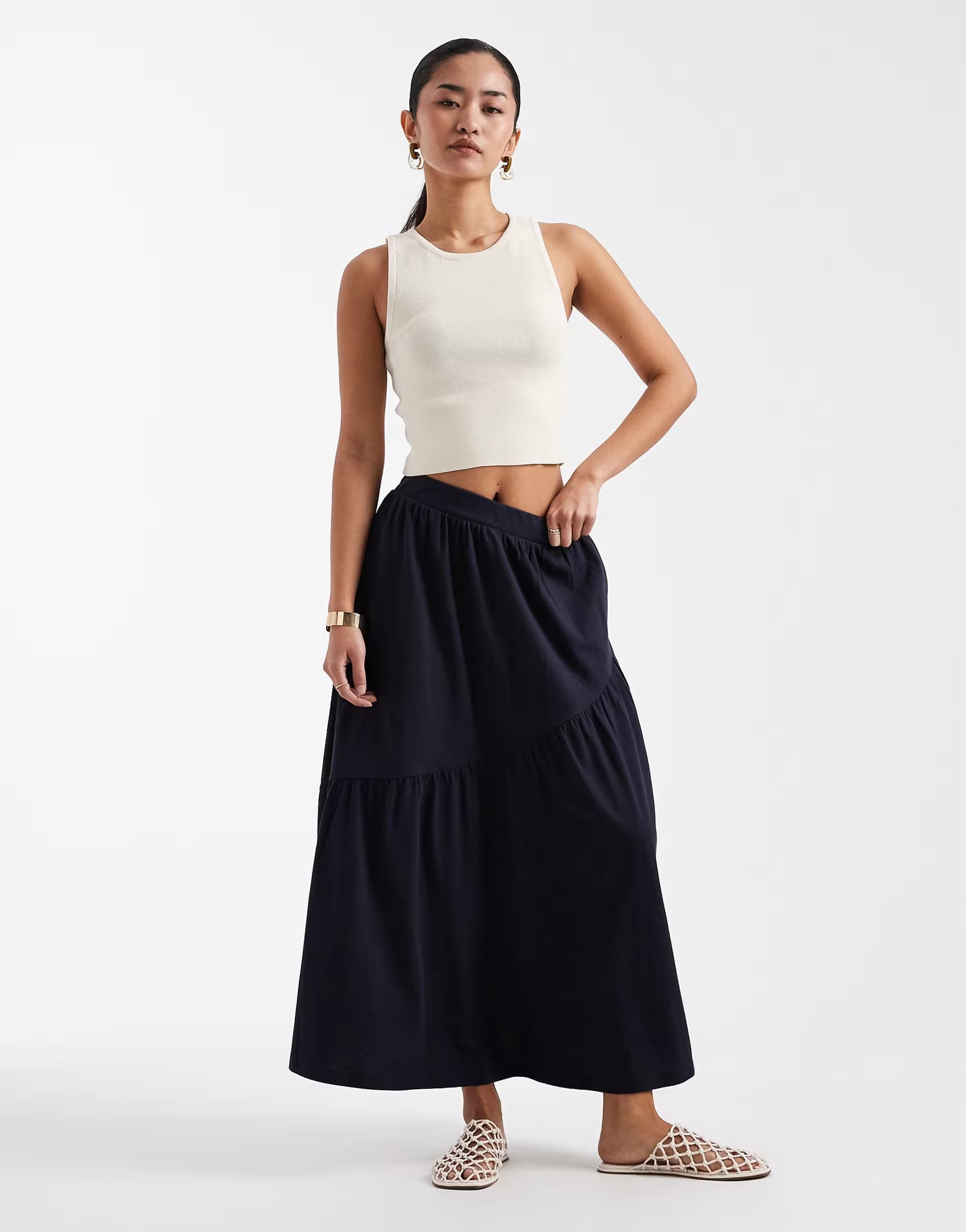 ASOS Threadbare jersey midi skirt with asymmetric tier in navy