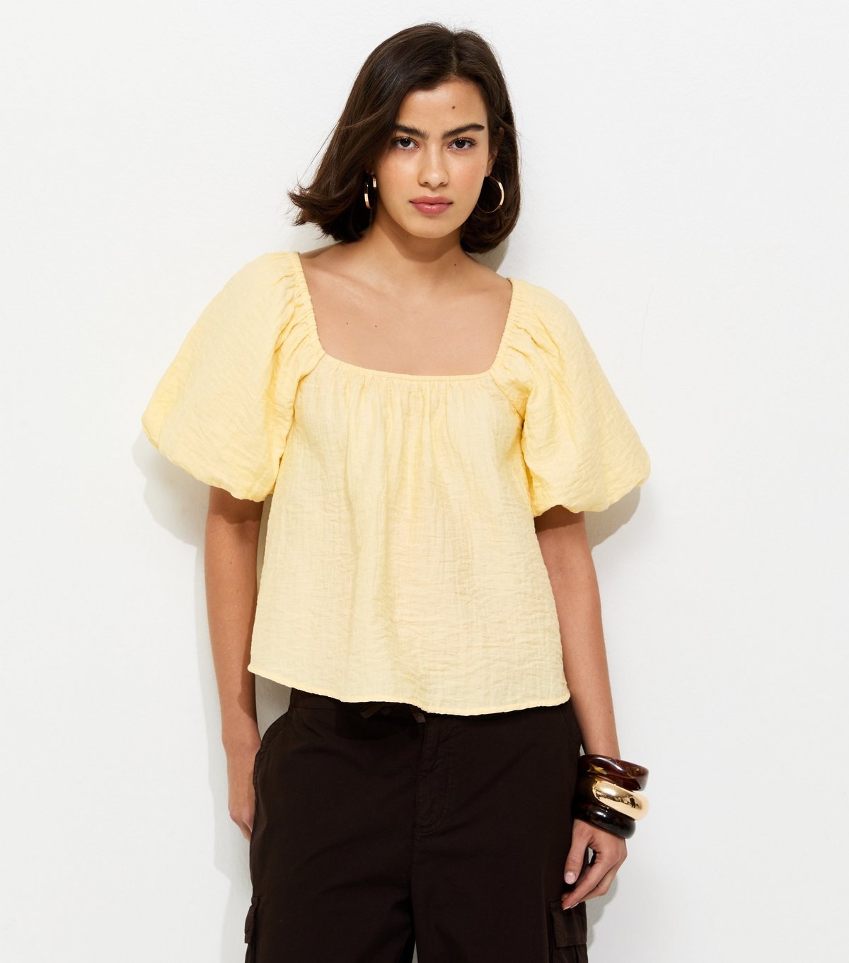 New Look Women's Yellow Square Neck Puff Sleeve Blouse New Look - 2