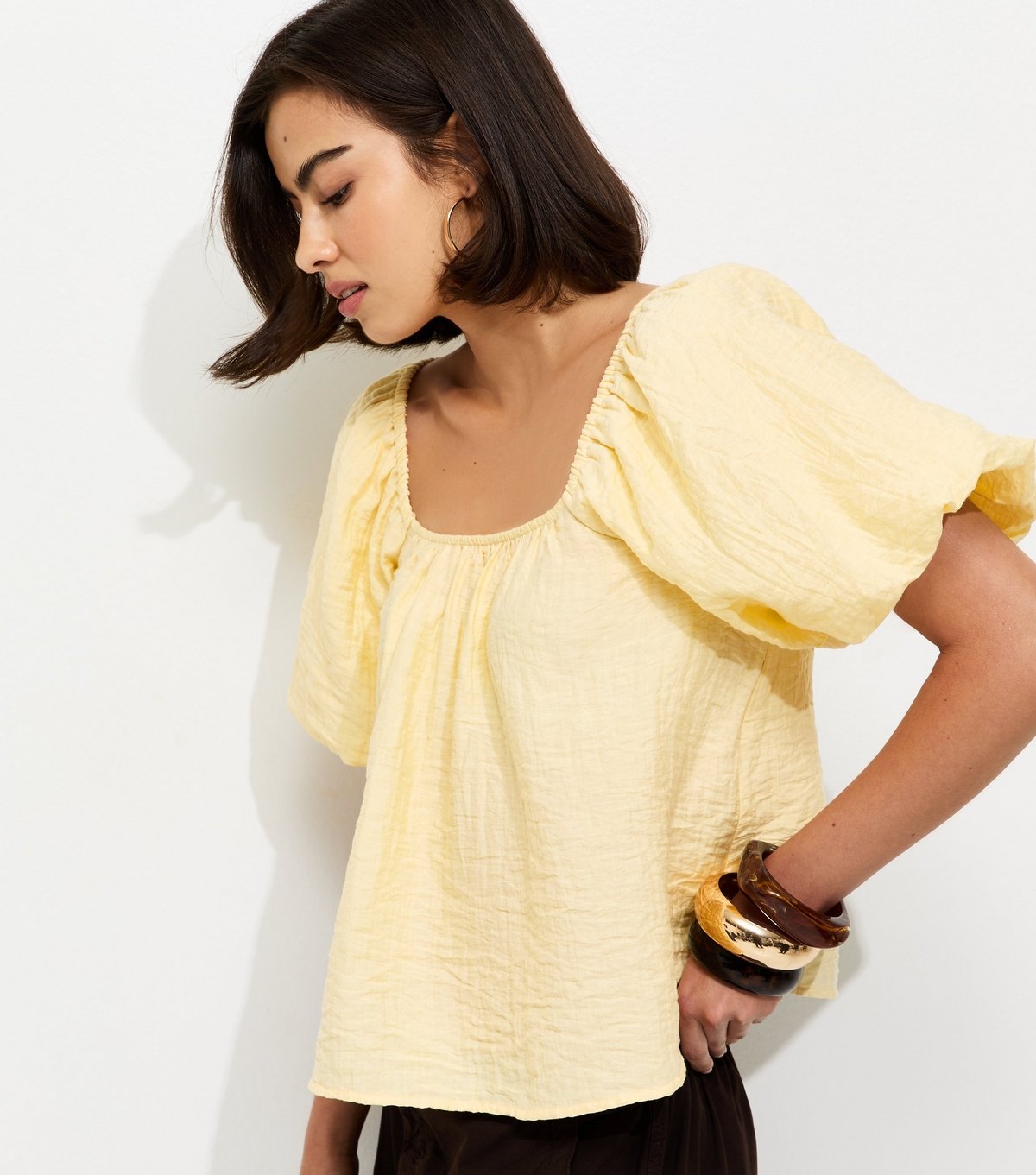 New Look Women's Yellow Square Neck Puff Sleeve Blouse New Look - 3