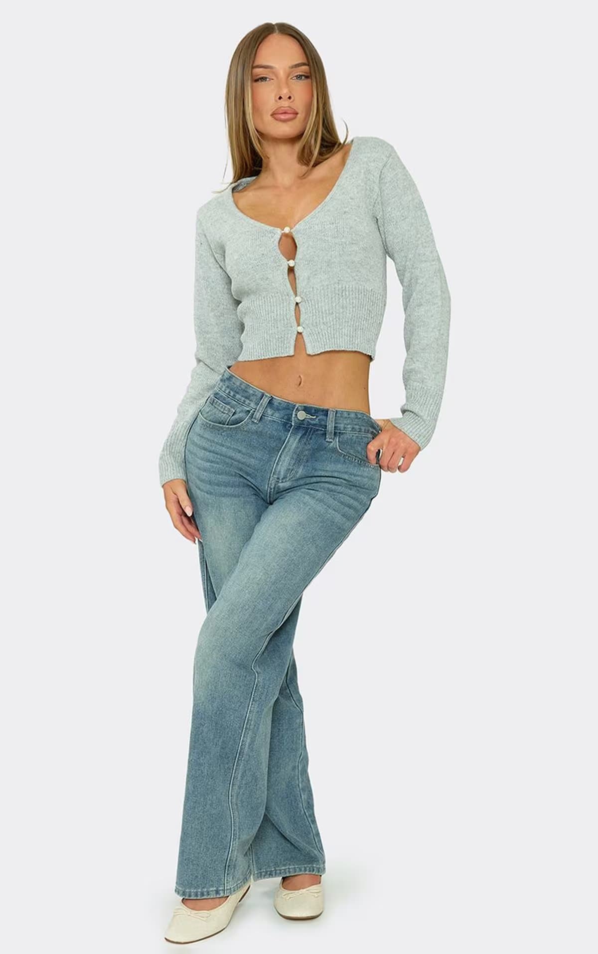 EGO Long Sleeve V Neck Button Front Cropped Cardigan In Grey Knit, Women's Size UK S