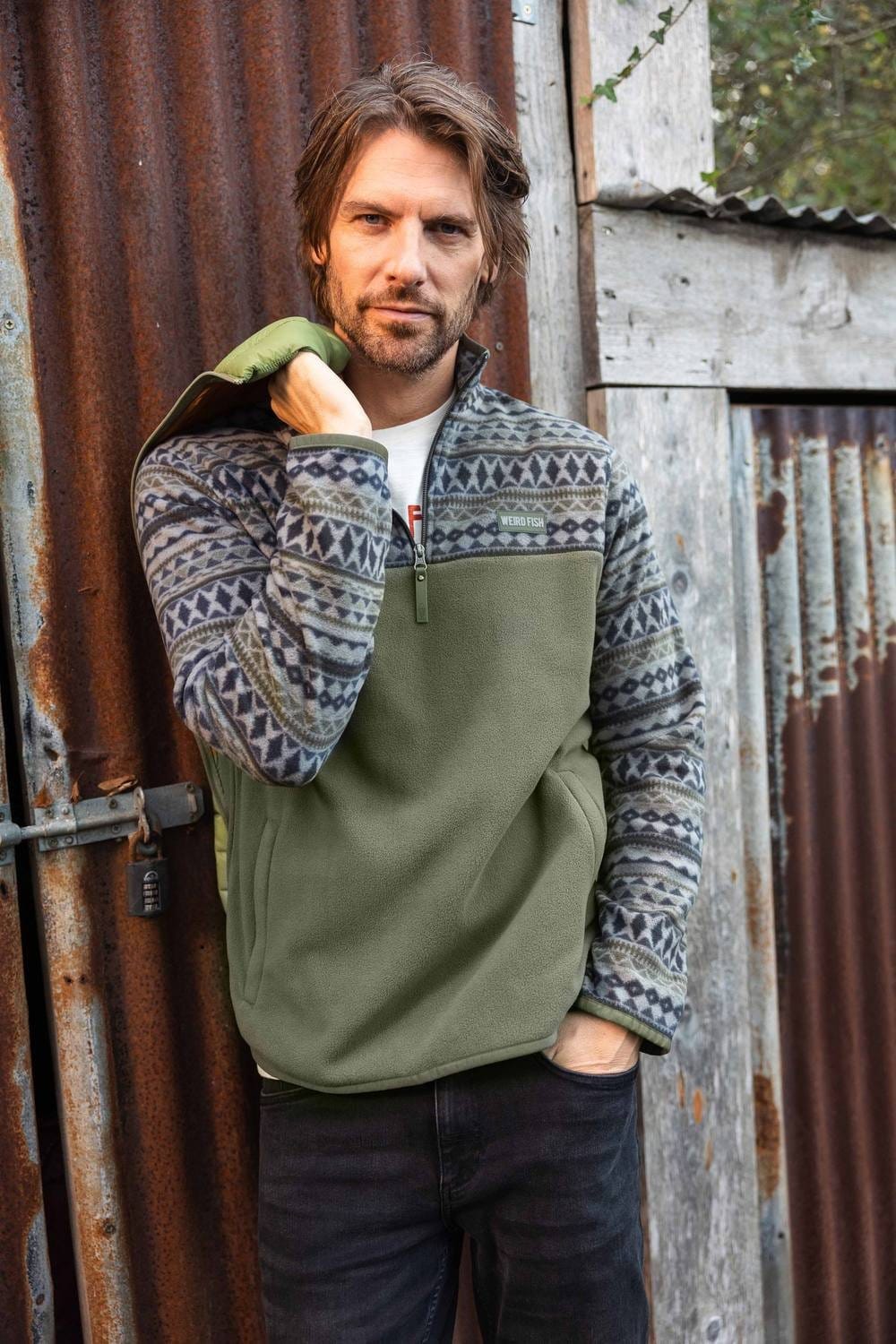 Weird Fish Weird Fish Men's Gilbert 1/4 Zip Printed Microfleece in Pale Green - 4