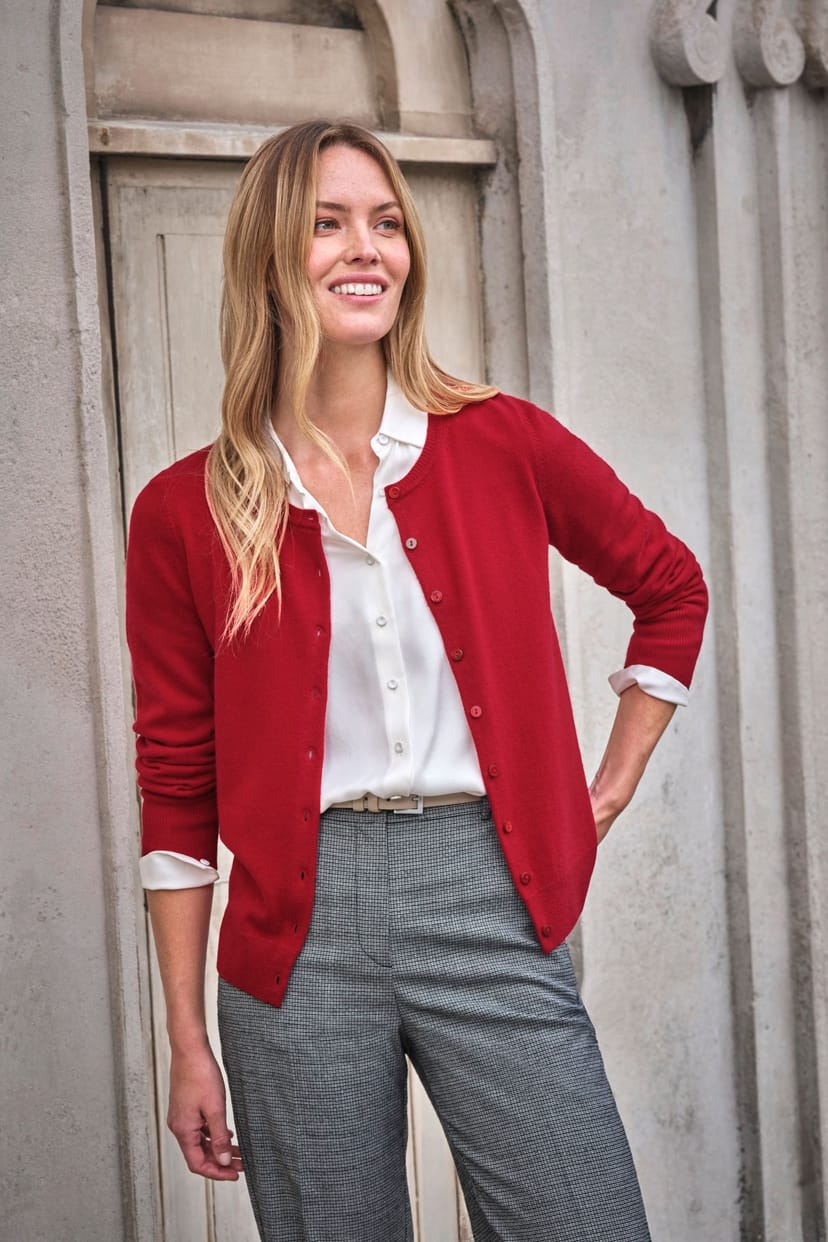 Pure Collection Pure Collection Women's Cashmere Crew Neck Cardigan in Dark Red - 1
