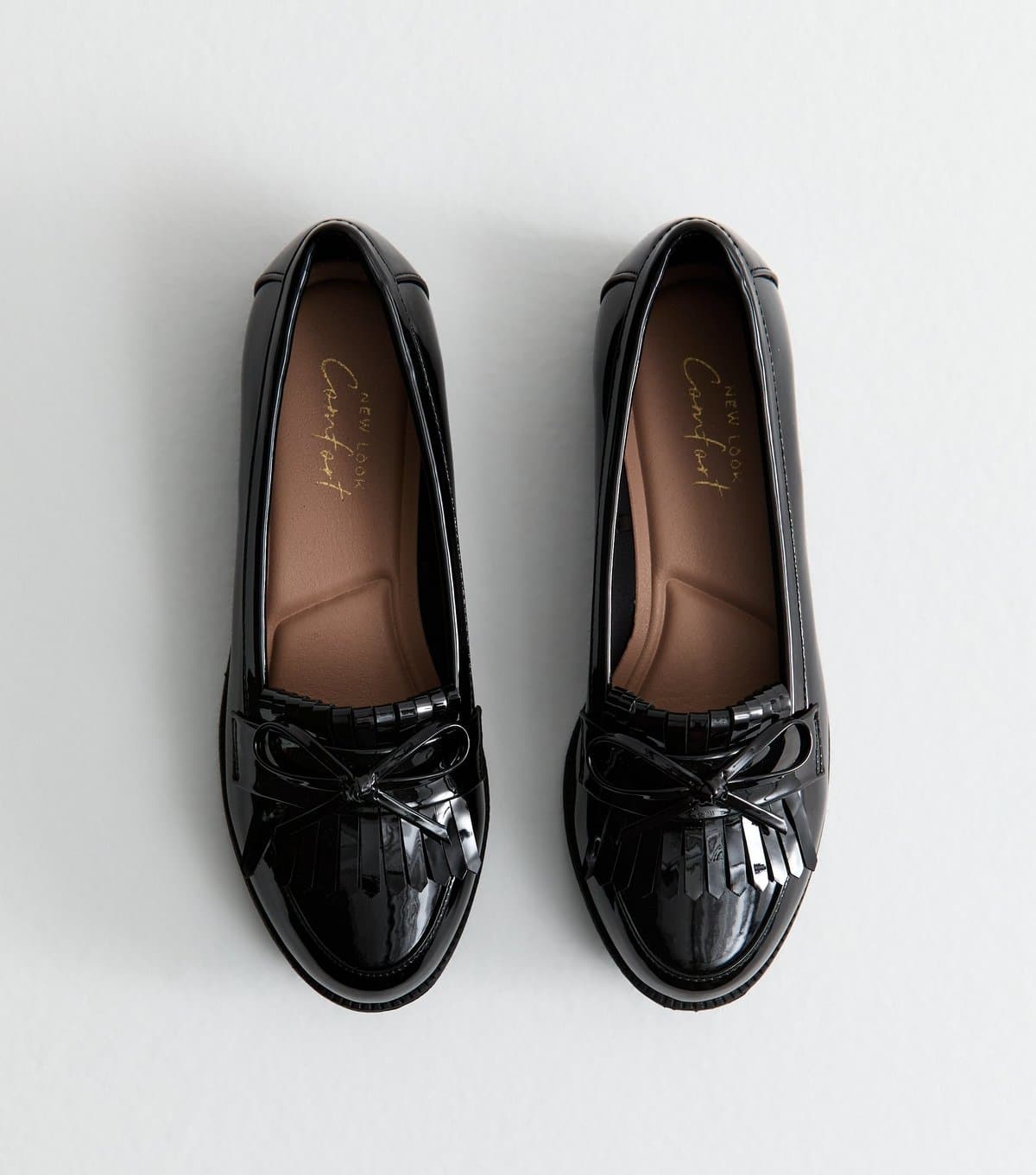 New Look Women's Black Faux Patent Tassel Trim Loafers Vegan New Look