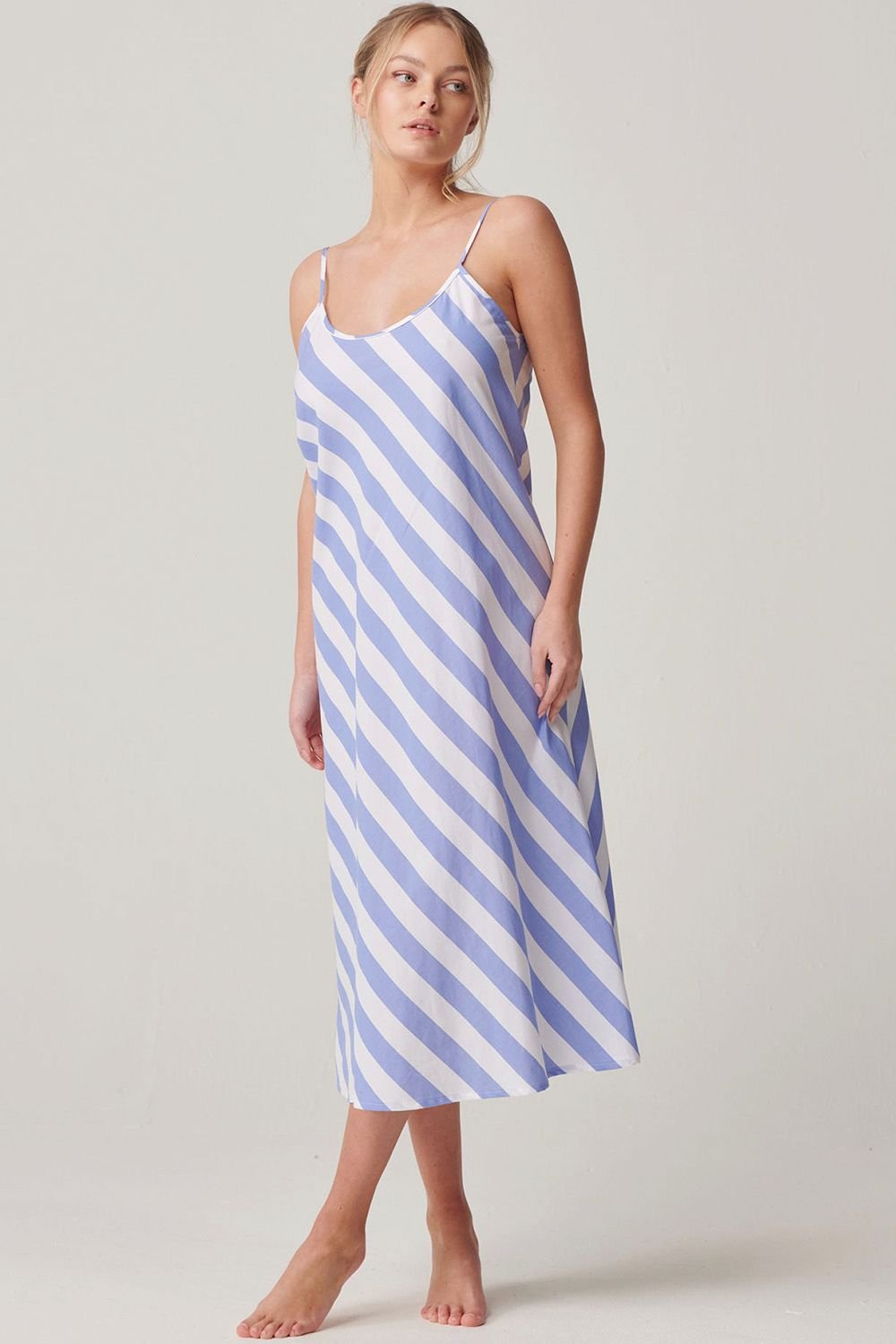 British Boxers British Boxers Women's "Boat Blue" Stripe Crisp Cotton Strappy Nightdress in Light Blue - 2