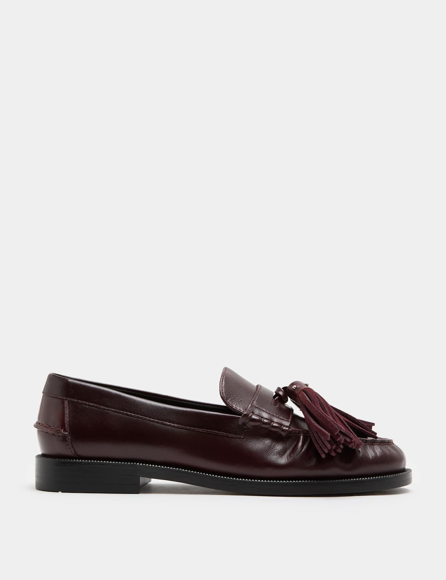 Marks & Spencer M&S Leather Chunky Tassel Block Heel Round Toe Loafer Wine